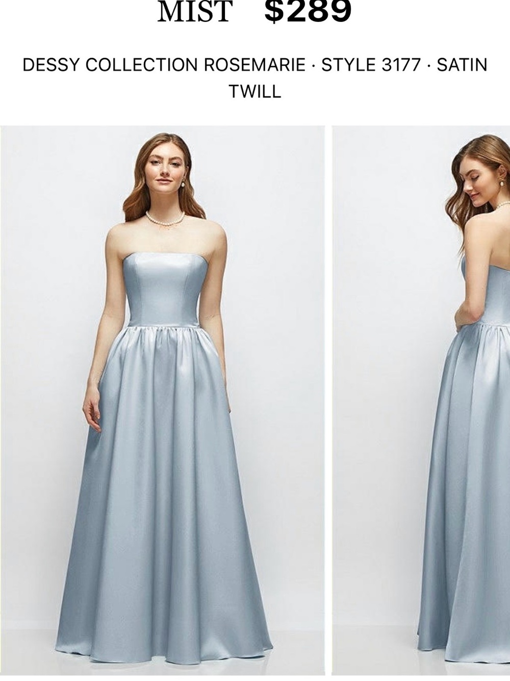 Bella’s Bridesmaids Dessy Collection Strapless Satin-Twill Ball Gown (Mist Blue)